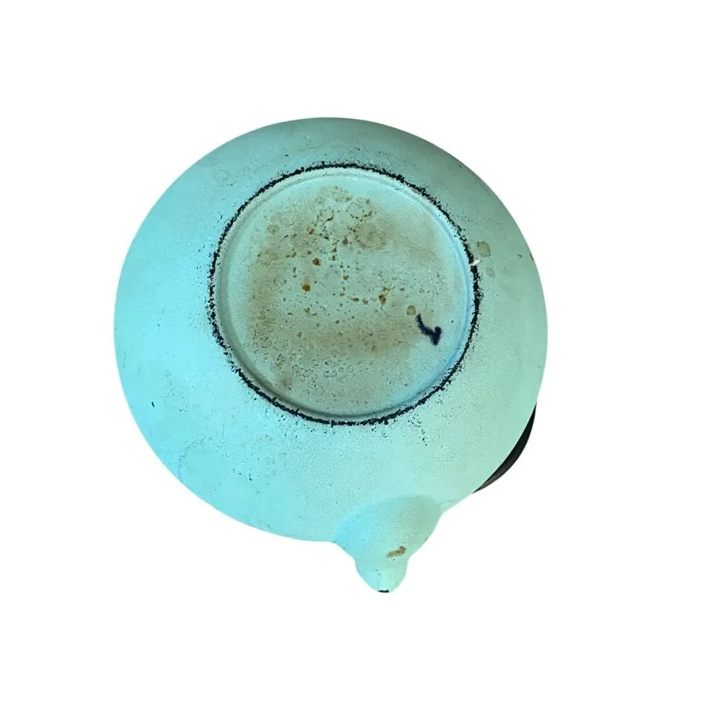 Green Cast Iron Tea Pot & Lid Distressed Patina Dot Texture Asian Rustic Decor